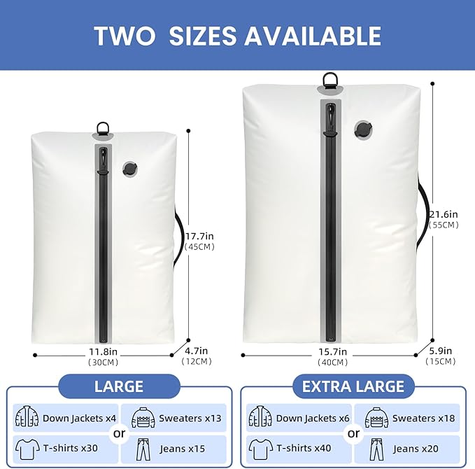 BAGAIL TPU Vacuum Bag for Travel, Reusable Compression Bag with IPX8 Waterproof Zipper, Save Space for Suitcase, Backpack and Carry on (White, ExtraLarge, No Pump)