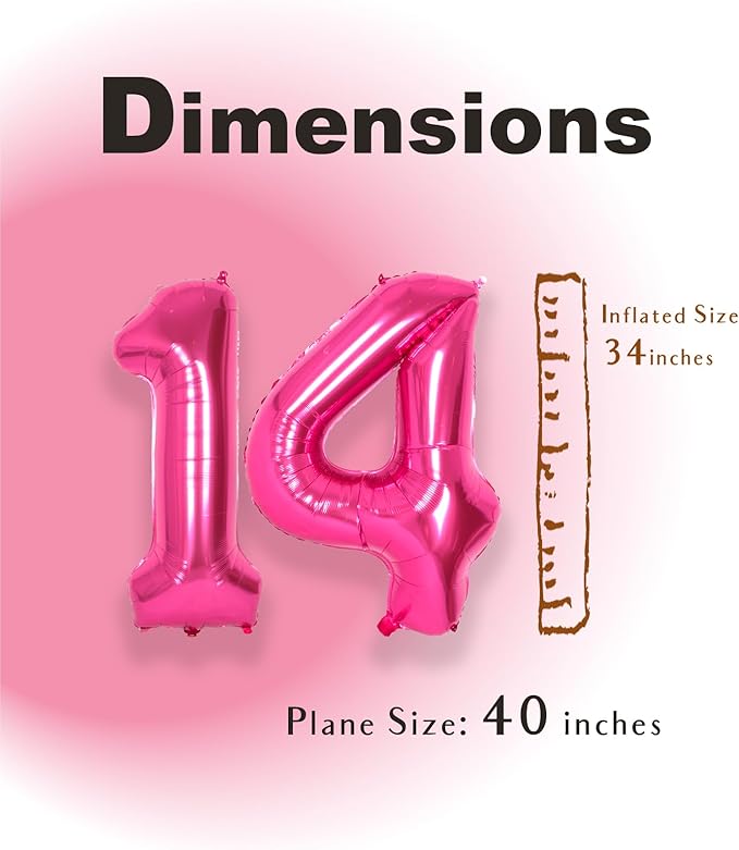 SUWEN 40 Inch Hot Pink Large 14 Number Balloons Big Foil Helium Number Balloons 0-9 Jumbo Happy 14th Mylar Birthday Party Decorations for Girl or Women 41 Anniversary Party Supplies