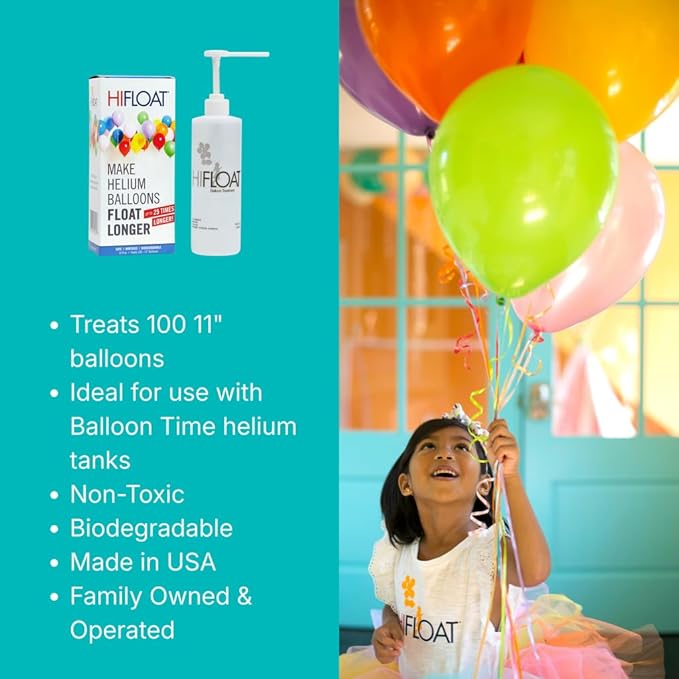HI-FLOAT Balloon Treatment 16 oz – Extends Float Time for Helium-Filled Latex Balloons – Treats Up to 100 (11-Inch) Balloons – Non-Toxic, Biodegradable Balloon Sealant