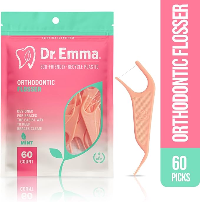 Dr. Emma Orthodontic Flossers for Braces, Ortho Dental Floss Picks, Mint Flavor 60 Count/Bag, Pink, 1 Pack