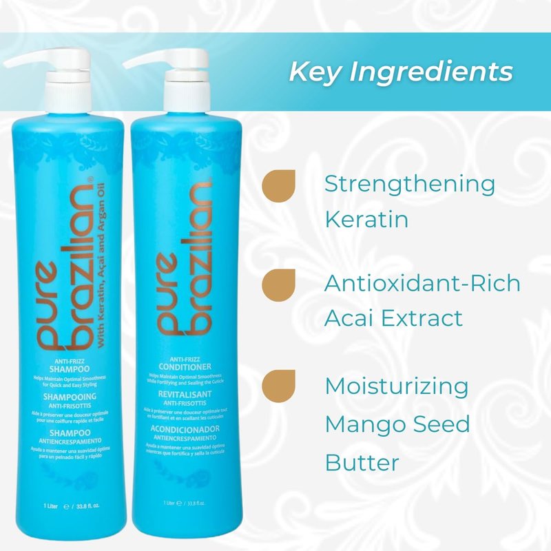 Pure Brazilian Anti-Frizz Daily Shampoo & Conditioner, Salt-Free & Color Safe, Enriched with Keratin, Argan Oil & Acai, 1 Liter (33.8 Fl Oz)