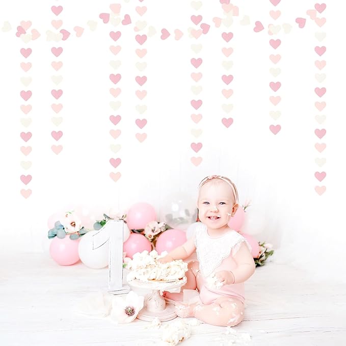 Pink-White Girls Birthday Party-Decorations Heart-Garland - 52Ft Valentines Day Proposal Galentines Wedding Paper Streamers Banner,Baby Bridal Shower Engagement Bachelorette Decor Lasting Surprise