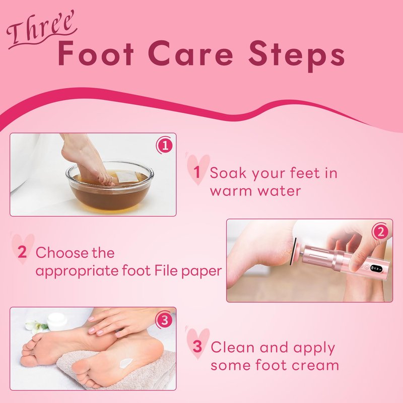 JINYAWA Electric Foot Callus Remover - 2-in-1 Rechargeable Cordless Foot File with LCD Display & 6 Speeds - Professional Foot Sander for Dead Skin, Thick Nails, Heels and Soles (Pink)
