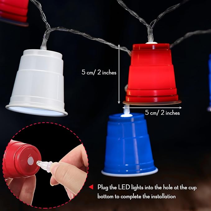 Hiboom Red White and Blue Cups Light, Christmas Shot Cups Fairy String Lights Battery Operated LED for 4th of July Independence Day Christmas Decor Memorial Day Bar Graduation RV Party(2 Pack)