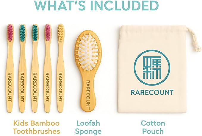 Kids Bath & Grooming Set – Wooden Baby Hair Brush + Soft Bamboo Kids Toothbrush + Heart Loofah | Natural Bath Kit for Toddlers & Kids