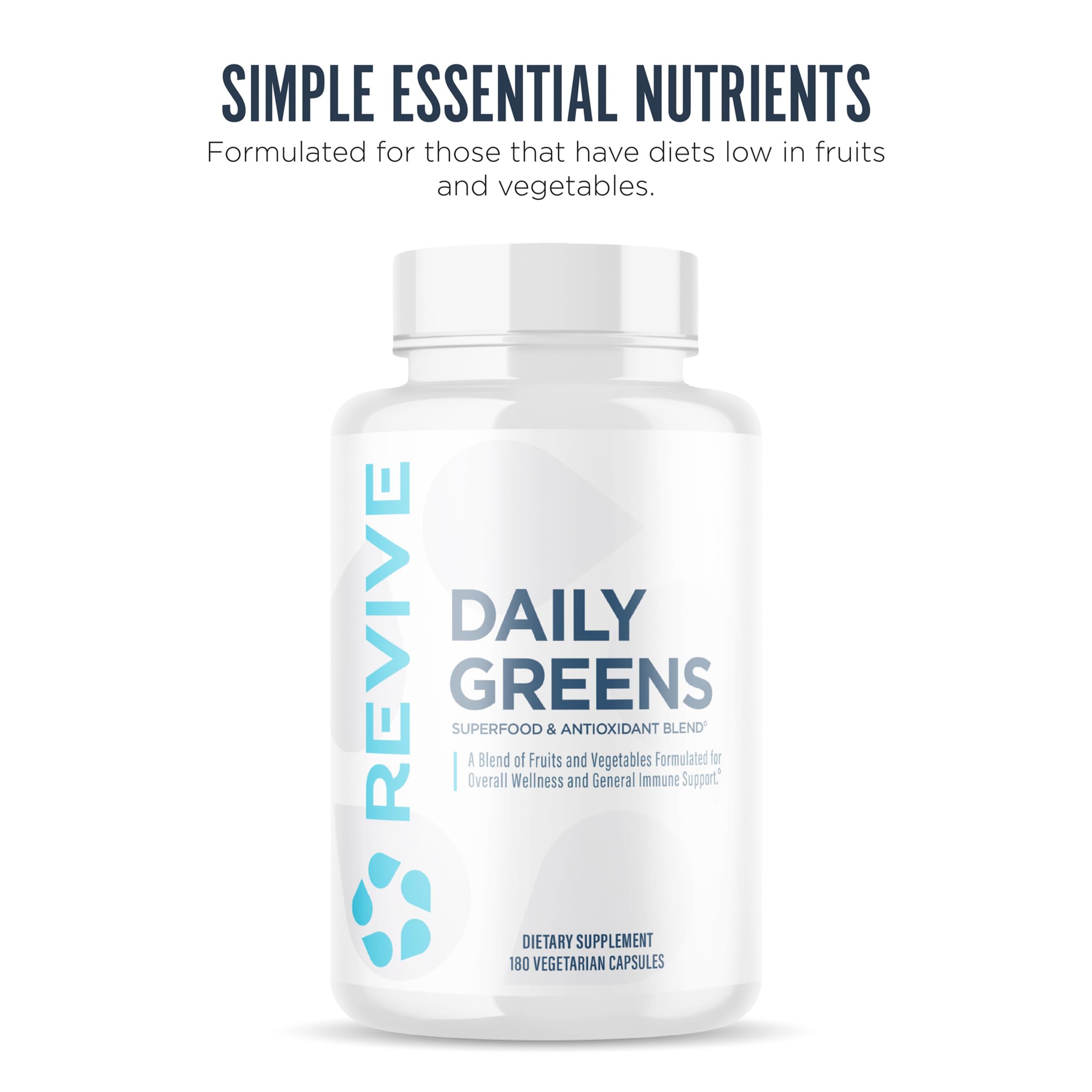 Revive MD Daily Greens Supplement for Men & Women - Superfood & Antioxidant Blend w/Digestive Enzymes, Prebiotics & Probiotics for Immune Support, Digestive & Gut Health - 180 Capsules (60 Servings)