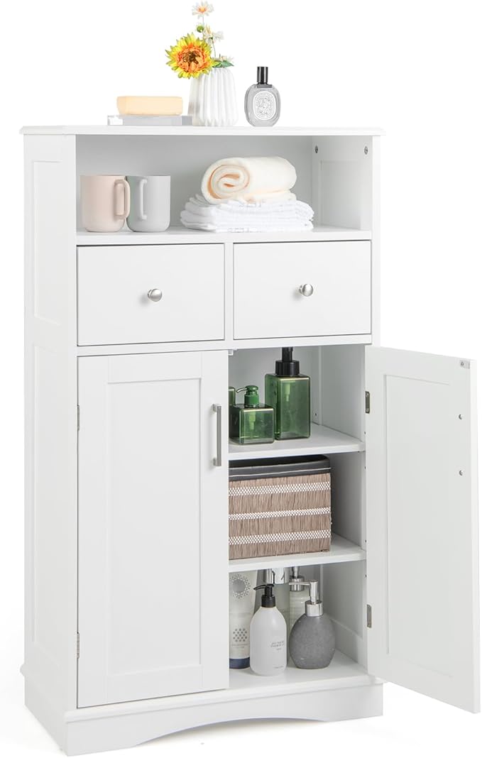 Tangkula Bathroom Cabinet, Floor Standing Storage Organizer w/2 Drawers & 2 Doors, 3-Position Adjustable Shelves, Anti-Toppling Design, Floor Cabinet for Bathroom (White, 2 Drawers & Cabinet)