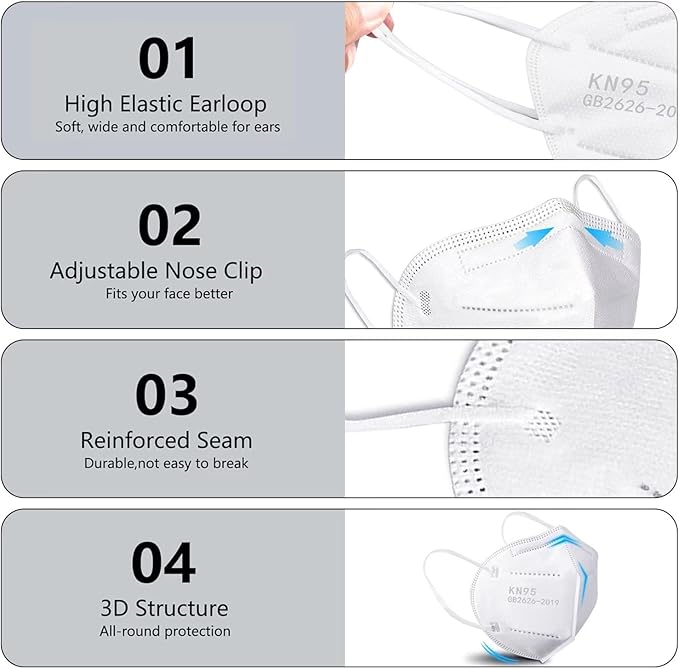 100PCS KN95 Face Masks 5 Layer Filter Efficiency≥95% with Elastic Ear Loop and Nose Bridge Clip Breathable Mask White