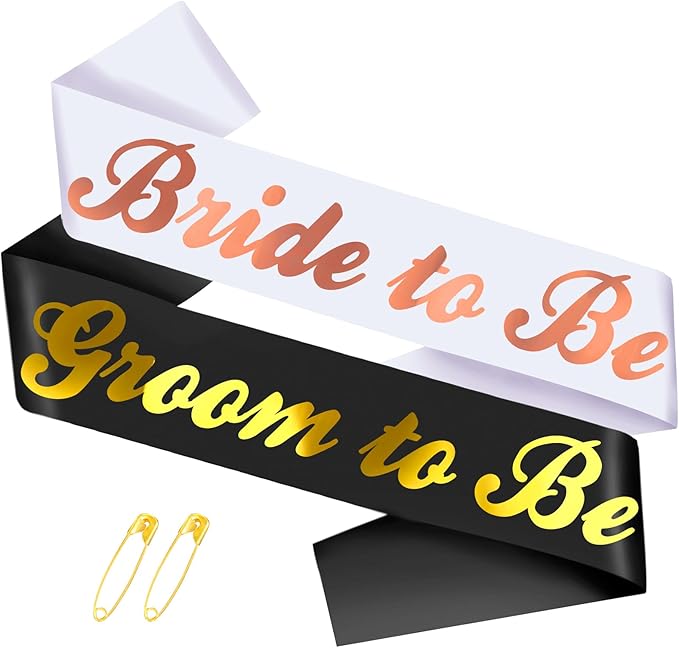 2 Pcs Bride to Be and Groom to Be Sash, Black & White Bachelorette & Bachelor Sashes for Bridal Shower Wedding Hen Party Decorations Lucky Mr & Future Mrs Engagement Gifts (Gold, Rose Gold Foil)