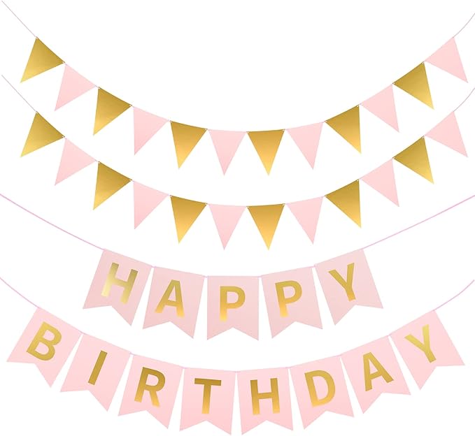 Irenare 4 Pieces Happy Birthday Banner Colorful Birthday Party Decor Rainbow Felt Garland Banner Rainbow Party Decorations Supplies(Pink, Gold)