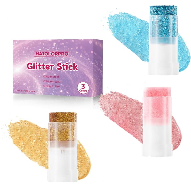 HAIOLORPRO Gold Blue Pink Body Glitter Stick, Face Hair Glitter Stick for Kids, Glitter Face Paint Hair Accessories for Women Girls Singer Concert Festival Rave Disco Party Mermaid Sparkly Makeup