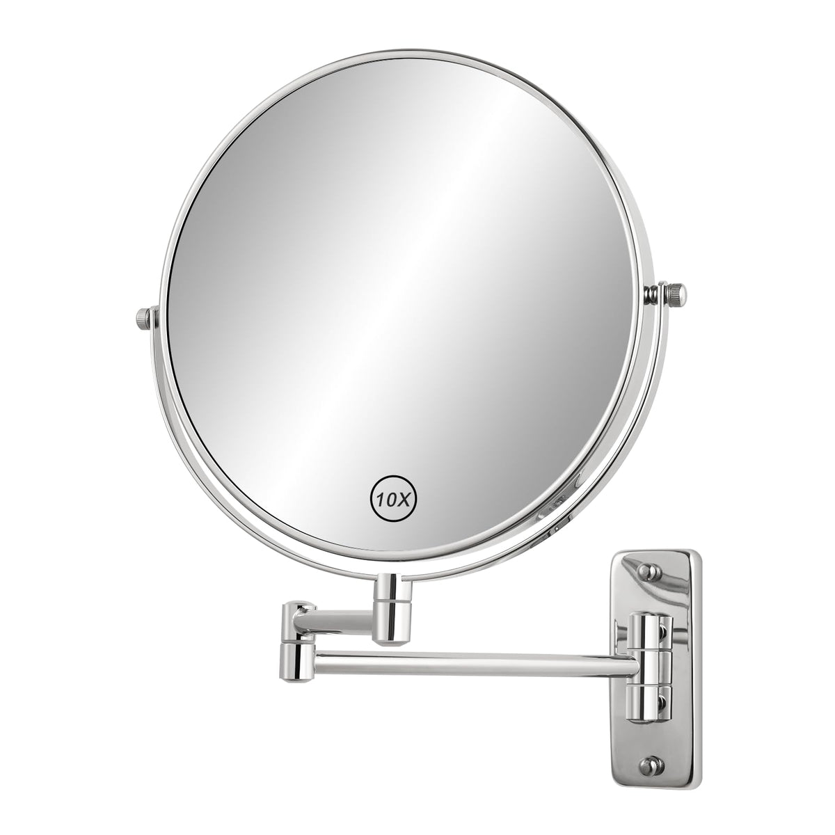 FFowcye 8” Wall Mounted Makeup Mirror - 1X/10X Double Sided Magnifying Bathroom Mirror, 360° Swivel Extendable Vanity Shaving Mirror with Adjustable Arm for Bathroom, Chrome（No Light）