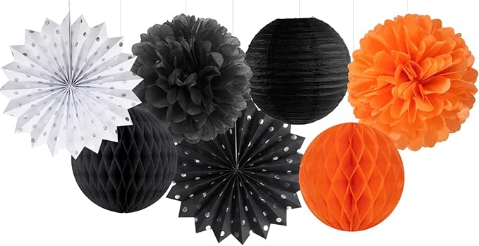 Black Orange White Halloween Party-Decorations - 14pc Kit Paper Lanterns Fan,Tissue Flower Pom Poms Streamers,Honeycomb Balls,Graduation 2024 Birthday Wedding Baby Bridal Shower Decor Lasting Surprise