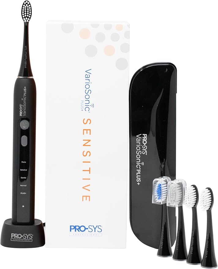 PRO-SYS® VarioSonic Plus+ Sensitive Kit Professional Electric Toothbrush for Sensitive Teeth, Rechargeable with Pressure Sensor and Timer, Customizable Intensity Powered Toothbrush with Travel Case
