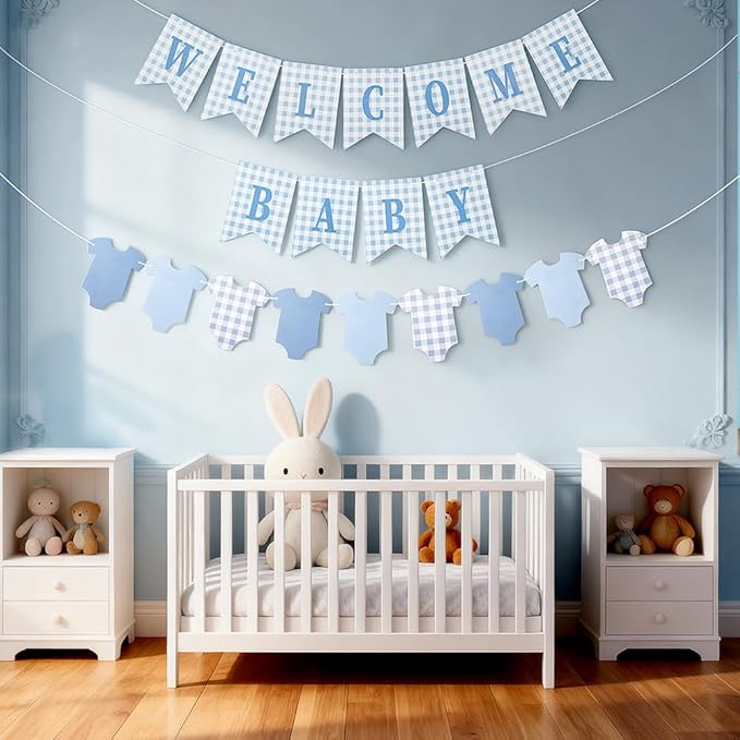 Baby Boy Baby Shower Banner, 2 PCS Pre-strung Blue Gingham Welcome Baby and Body Cloth Banner for Baby Boy Shower Party Decoration (welcome baby-bodysuits)