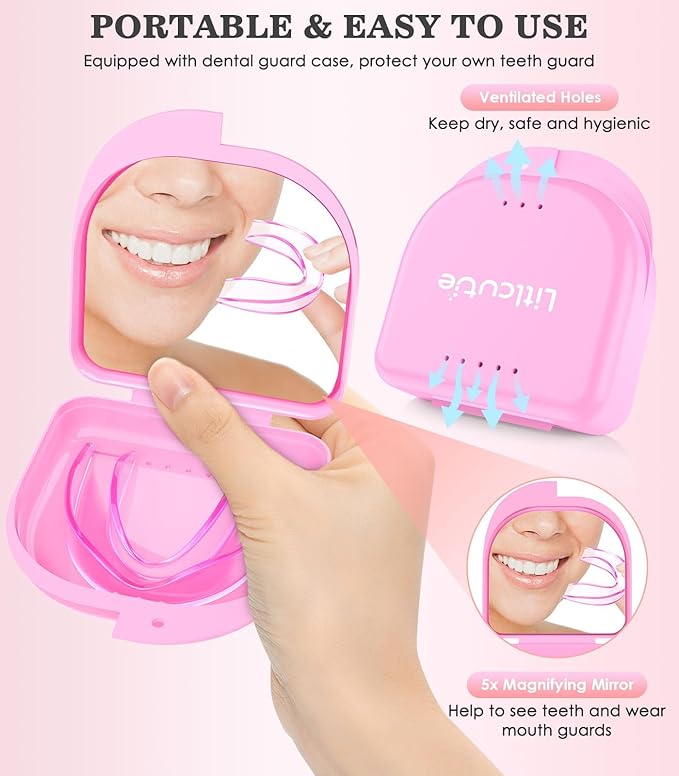Litlcutie Large Mouth Guard for Grinding Teeth at Night, Night Guards for Teeth Grinding,Mouthguards for Grinding of Teeth, Sleep Guard with 2 x 5X Mirror Mouth Guard Case, Large (4 Pack)