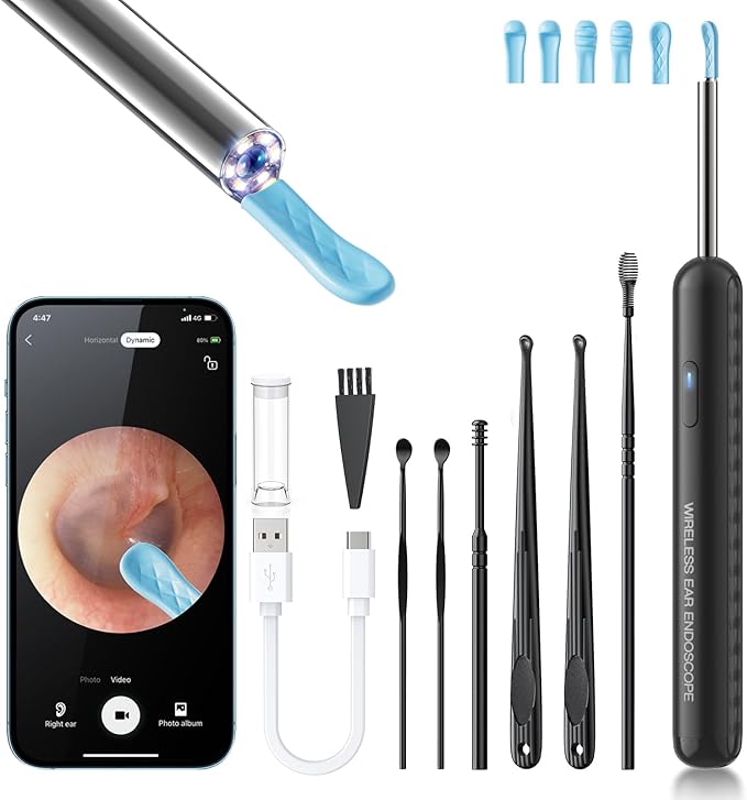Ear Wax Removal, Ear Cleaner with Camera and Light, FSA - HSA Eligible, Ear Wax Removal Tool Camera with 1080P, Ear Cleaning Kit with 6 Spoons, Ear Camera for iOS & Android (Black)