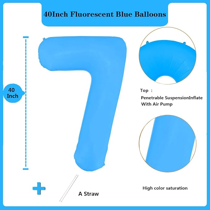 Fluorescent Blue Number Balloon 40 inch Giant Foil Helium Balloons Blue Number 7 Balloon for 7th Birthday Party Decorations