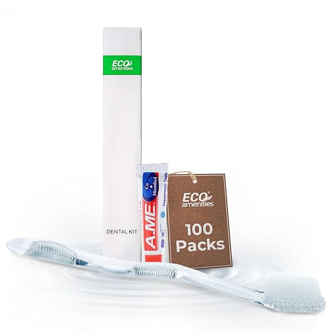 ECO amenities Bulk Travel Toothbrush & Toothpaste Kit - 100 Count, Transparent, Peppermint - Disposable Hotel Dental Kit