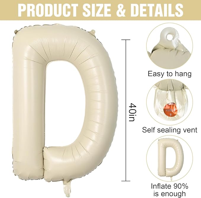 Cream D Letter Balloons,40 Inch Letter D Balloon Beige,Helium Custom Letter Balloon for Birthday Anniversary Party Decorations