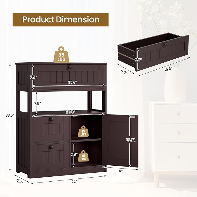 Bathroom Cabinet, Modern Bathroom Floor Storage Cabinet Organizer with 1 Door and 3 Drawers, Freestanding Cupboard for Kitchen/Living Room Use