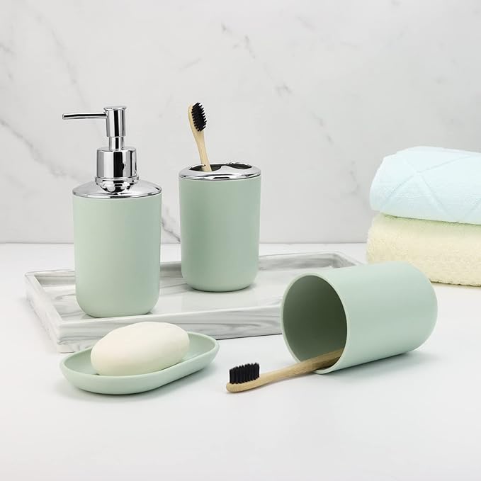 IMAVO Bathroom Accessories Set,Green Bathroom Set,7 Pieces Bathroom Accessory Set,Tray,Toilet Brush,Trash Can for Bathroom Décor and Housewarming Gifts