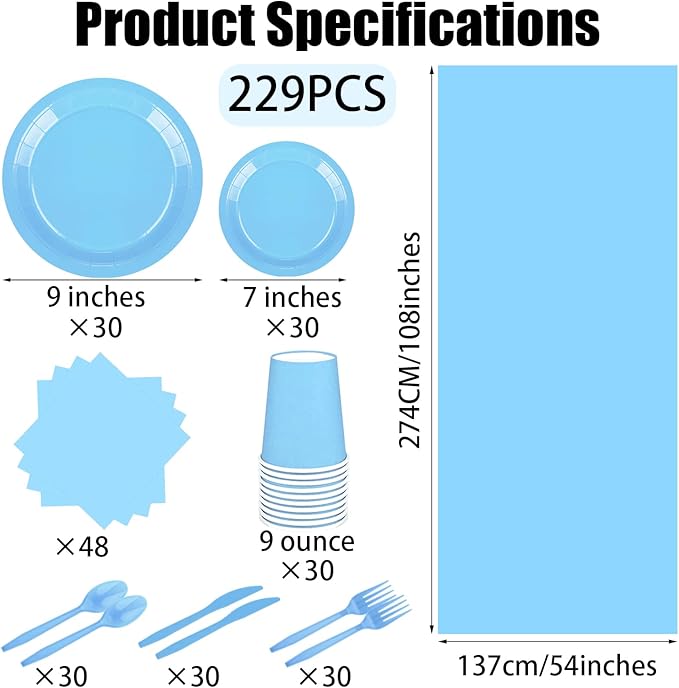 TWOWYHI 229PCS Light Blue Party Supplies Set Paper Disposable Plates Cups Plastic Spoons Forks Knives Light Blue Napkins for 30 Guests Disposable Party Dinnerware Sets for Wedding Birthday Parties