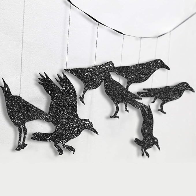 Cheerland Glitter Black Crow Garland Halloween Decorations for Gothic Gatherings Emo Party Tree Hanging Decoration Bird Raven Banner Decal Backdrop Centerpiece for Theme Birthday Party Supplies