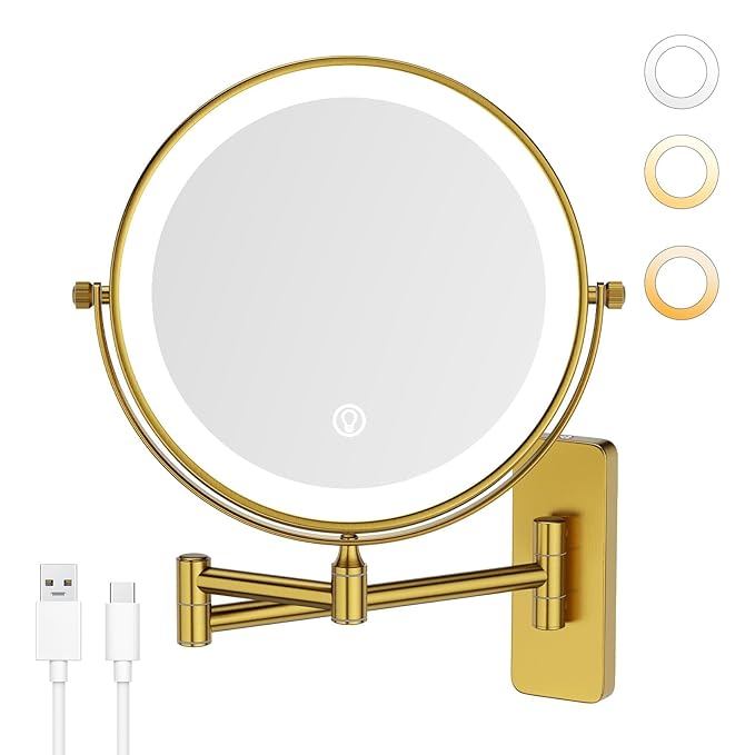 GURUN 8" Rechargeable Wall Mounted Makeup Mirror- 10X Magnifying Mirror with Light | 3 Color LED Lighting & Touch Control | 360° Rotation & Extended Arm | Dual-Sided Bathroom Mirror M1406DGJ(8",10X)