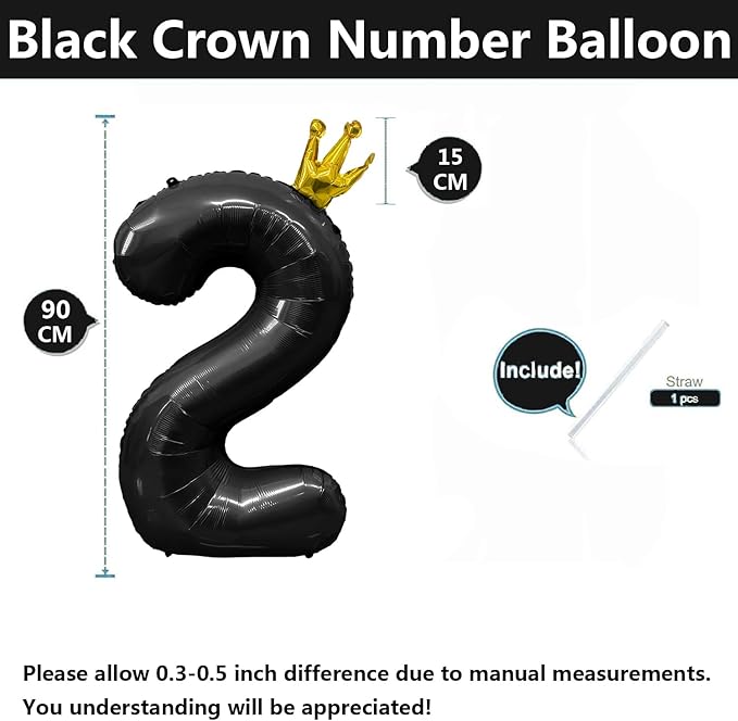 Black Number 2 Balloon with Crown, 40 inch Black Number Balloon 2nd Birthday Party Decoration Black Crown Balloons 0-9 for Birthday Party Anniversary Decorations Supplies