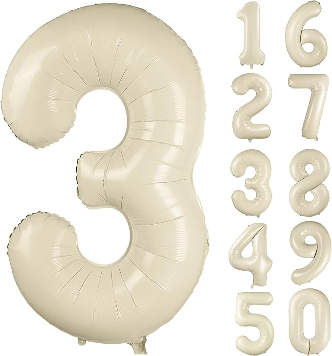 40 inch Cream White Number Balloon Giant Foil Helium Balloons Beige Number 3 Balloon for 3rd Birthday Party Anniversary Decorations Supplies
