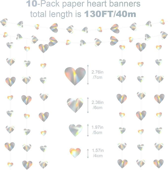 10 Pack 130ft Silver Holographic Heart Party Garland Asymmetrical Love Hanging Banners for Birthday Wedding Bachelorette Baby Bridal Shower Engagement Decorations