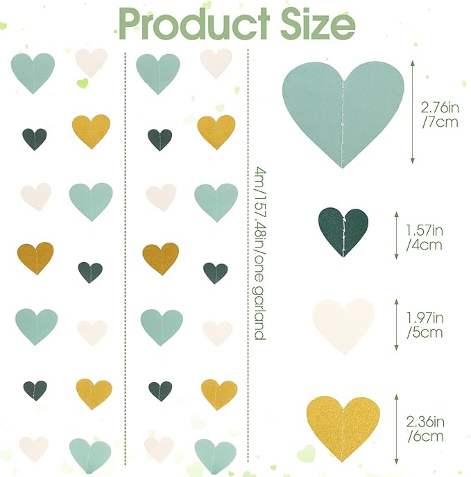 10 Pack 130ft Sage-Green Mint Beige-Gold Heart Party Garland Asymmetrical Love Hanging Banners for Birthday Wedding Decoration Bridal Shower Engagement Party