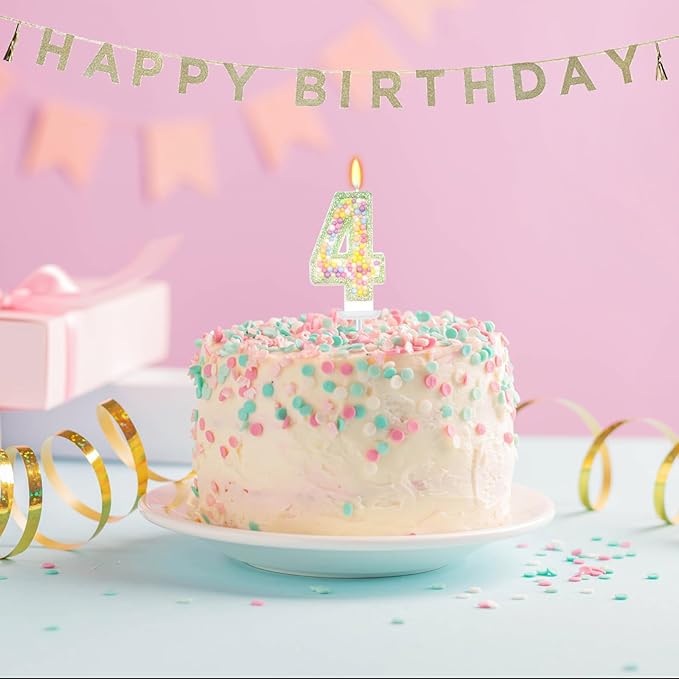 Birthday Candles - Number 4 Candle, Colorful Macaron Candles for Boys/Girls, Green Cake Decorations, Fairy Tale Themed Party Supplies