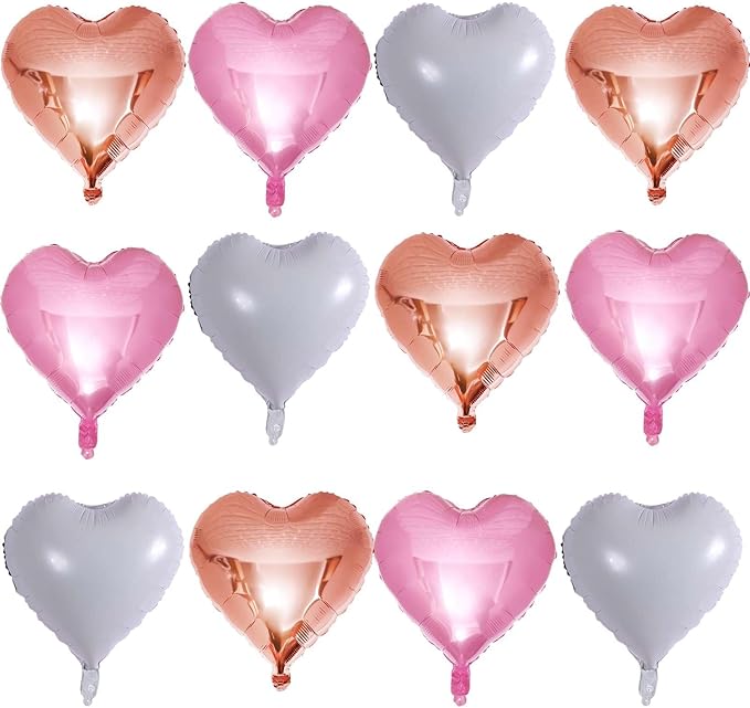 Lovoir 12 Pcs Pink Heart Shape Foil Mylar Balloons 18 Inch Love Balloons for Valentine's Day Birthday Party Decorations Wedding Engagement Romantic Decor (Pearl Pink & White & Rose Gold)