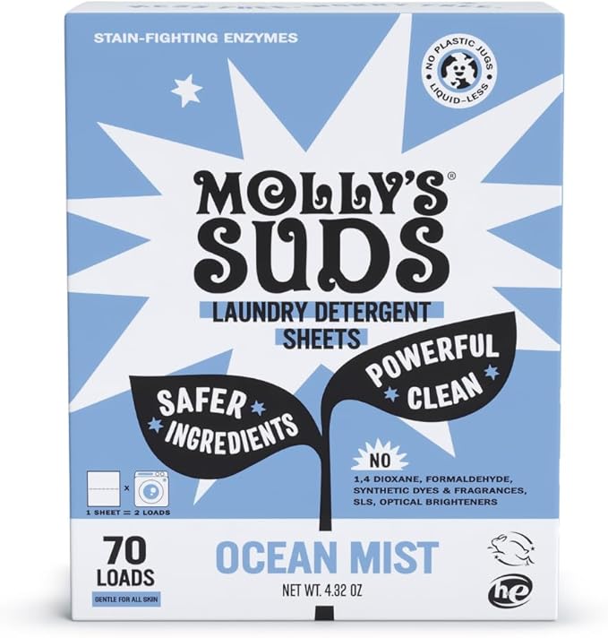 Molly’s Suds Laundry Detergent Sheets | Gentle on Sensitive Skin, Powerful Bio-Based Enzymes, Stain-Fighting | Liquidless & Plastic-Free Packaging | 70 Loads (Ocean Mist)