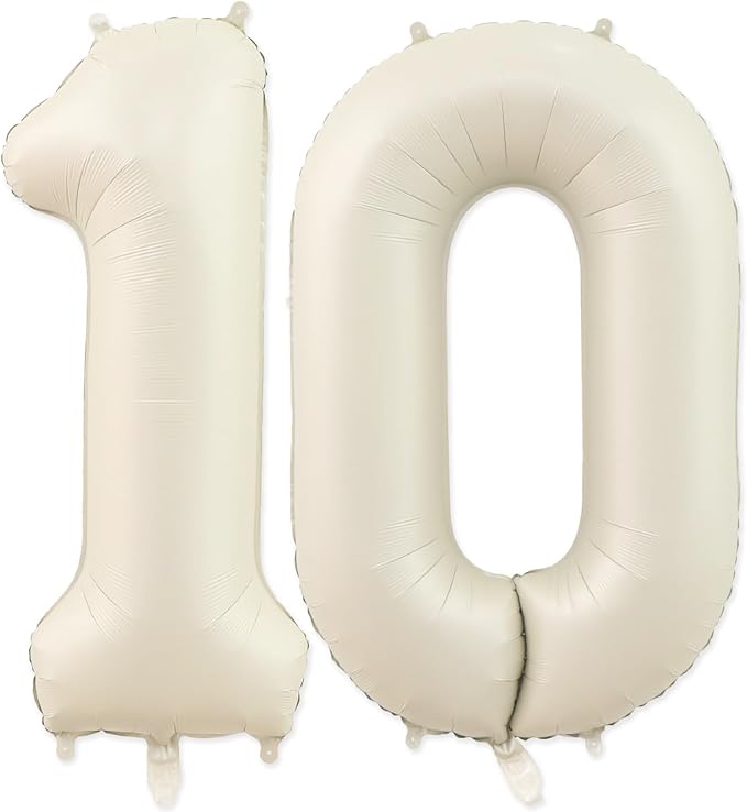 10 Balloon, Number 10 Balloons, Number Balloons 40 Inch, Sand White Large Big Foil Number Balloons for Birthday Party Graduation Wedding Anniversary Baby Shower Bachelorette Decoration Supplies