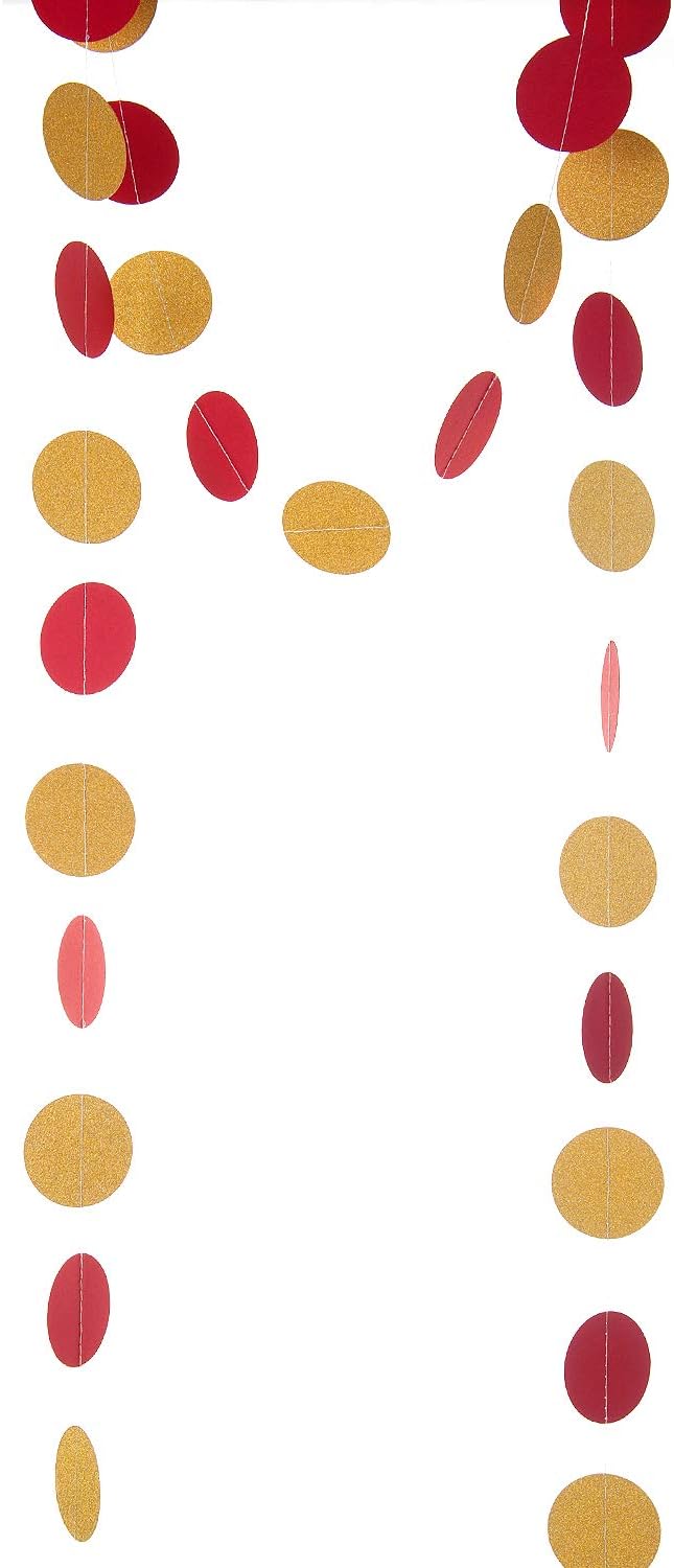 Red and Gold Glitter Paper Garland Circle Dot Party Banner Streamer Backdrop Hanging Decorations for Baby Shower Birthday Wedding Dessert Table Decoration, 2" in Diameter, 3 pcs, 30 Feet in Total