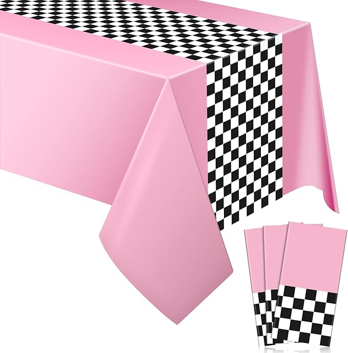 Irenare Car Birthday Party Supplies Racing Decorations 50s Party Tablecloth Racetrack Table Runner Table Covers for Kids Boy Car Theme Birthday Decor, 54 x 108 Inch(Pink,3 Sheets)