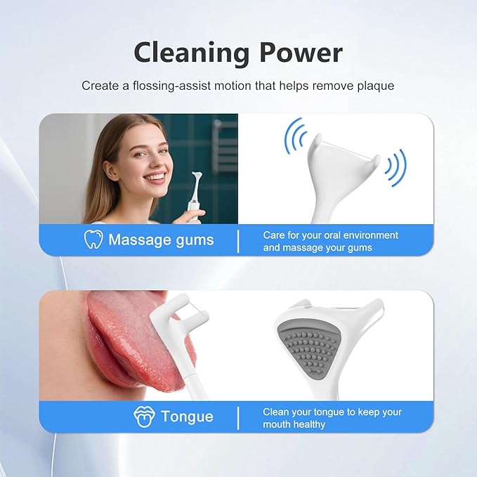 Electric Flosser, 3 in 1 Electric Teeth Flosser for Teeth, 4 Speeds+60 Reusable Non-Toxic Replacement Heads, Tongue Scraper & Gum Stimulator, Ultrasonic Power Flossing for Adults & Kids