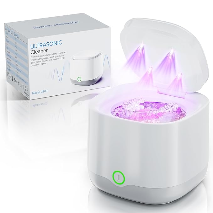Ultrasonic Retainer Cleaner, 45kHz Retainer Cleaner Machine UV-C Dental Cleaning Pod Lights, 24W, 4000mAh, 200ml, for Denture, Night Guard, Mouth Guard, Aligner, Brace, Multiple