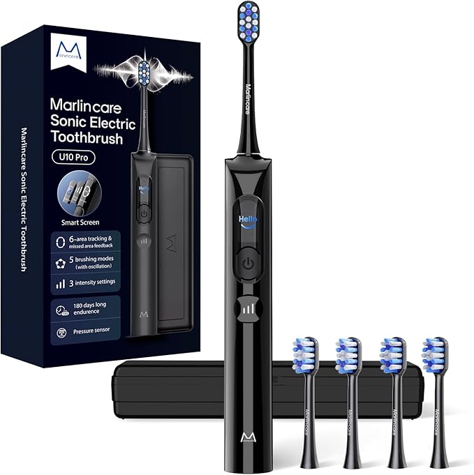 Electric Toothbrush, Sonic Toothbrush for Adults Teens with Pressure Sensor, AI Zone Cleaning Tracking, 5 Modes & 3 Intensities, 180 Days Battery Life, 4 Brush Heads with Travel Case, Black