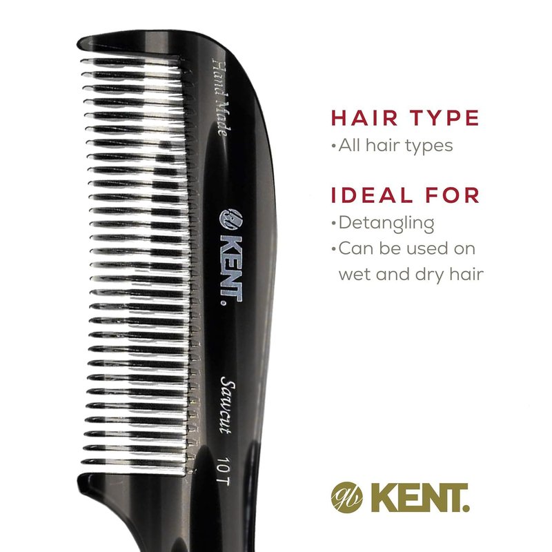Kent 10T Graphite and Tortoise Large Detangler Comb, Handmade Wide Tooth Comb for Curly Hair, Detangling Combs For Wet and Dry Hair, Combs for Thick Hair, Saw-Cut and Hand Polished Made in England