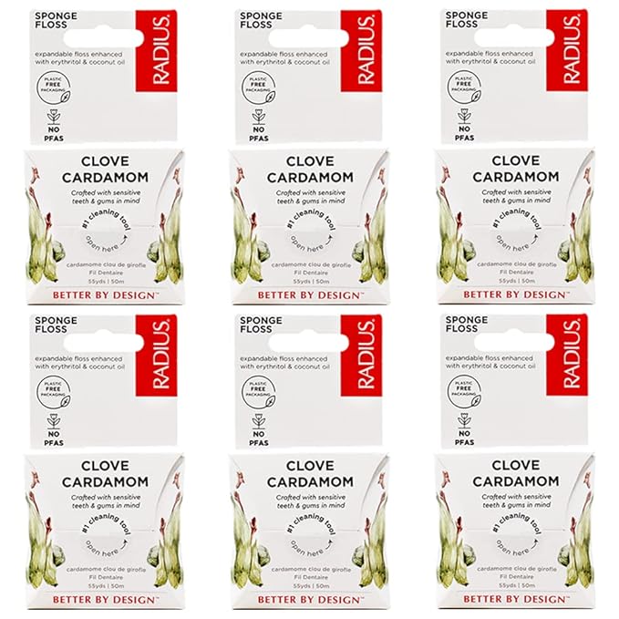 RADIUS Dental Floss, Sponge Floss, Clove Cardamom, 55 Yards, Vegan & Non-Toxic Oral Care Designed to Help Fight Plaque, Pack of 6