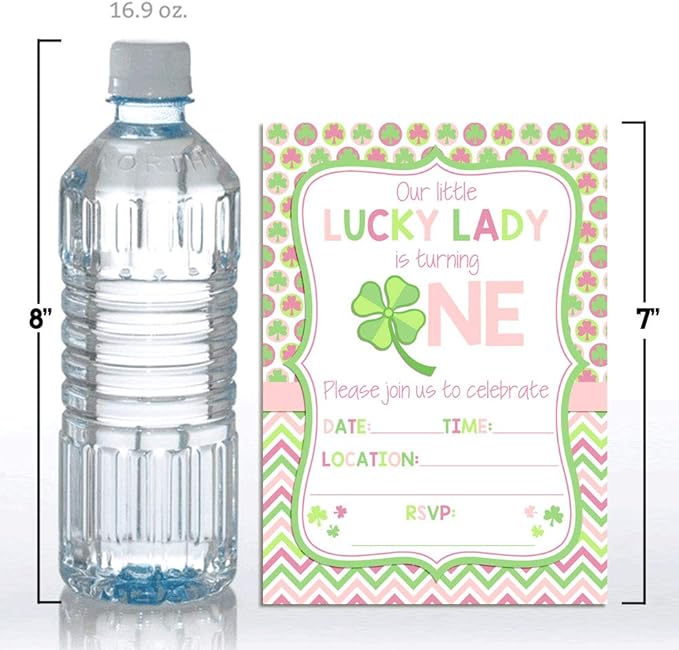 Lucky Lady First Birthday Clover St. Patrick’s Day Party Invitations for Girls, 20 5x7 Fill In Cards with Twenty White Envelopes by AmandaCreation