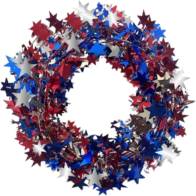 PMU 150 Ft Patriotic Star Garlands with Wire, Shiny Metallic Garland for 4th of July, National Day, Independence Day, Red,Silver and Blue (6pc-25Ft Each)