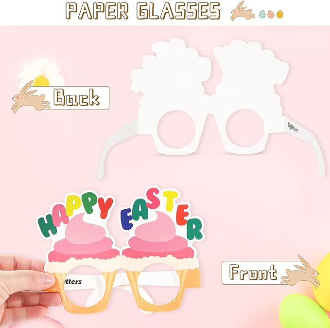 BigOtters 12PCS Easter Party Glasses, Funny Bunny Ears Paper Glasses for Kids Easter Party Favors Basket Stuffers Decorations Supplies