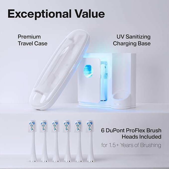 Aquasonic Vibe Series PRO – Ultra-Whitening Electric Toothbrush – 5 Modes & Smart Timers – UV Sanitizing Base – ADA Accepted (Optic White)