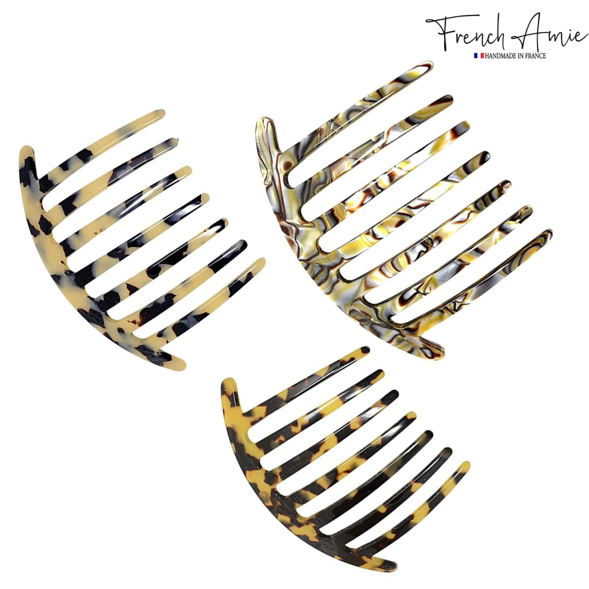 French Amie Curvy 7 Teeth Large 4” Celluloid Handmade Set of 3 Good Grip Hair Side Combs for Women and Girls