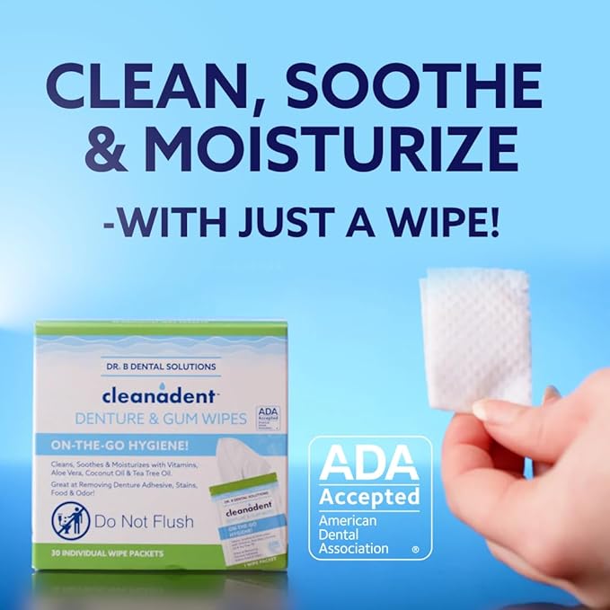 Dr. B Dental Solutions Cleanadent Wipes - Convenient Denture Cleaning Wipes, Refreshes Gums, No Artificial Colors/Flavors - 60 Count